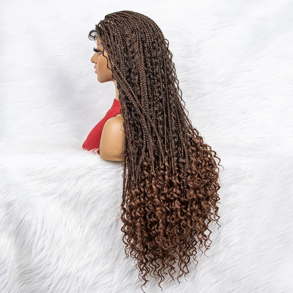 Curly End Box Braids Lace Frontal Wig with Baby Hair | Synthetic Full Lace Braided Wig for Black Women Luxegan