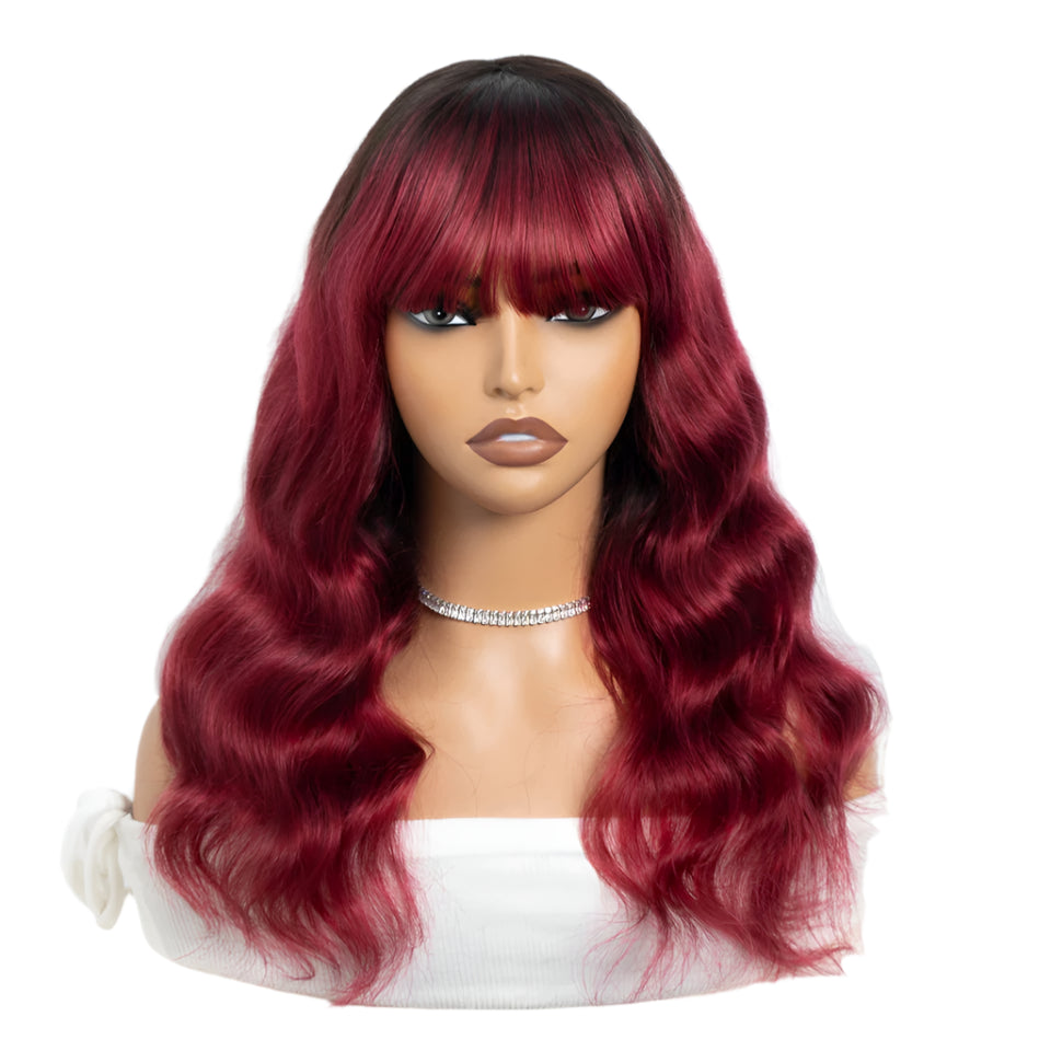 22" T1B/Purple Body Wave Wig with Bangs | "Put On & Go" Full Machine Made Human Hair Luxegan