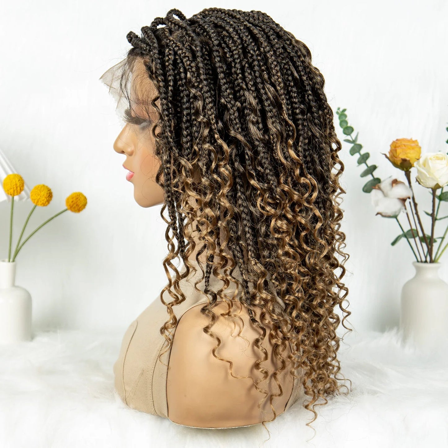 Short Bohemian Box Braids Wig | Full Lace | Curly Ends | Baby Hair | Synthetic Boho Wig Luxegan