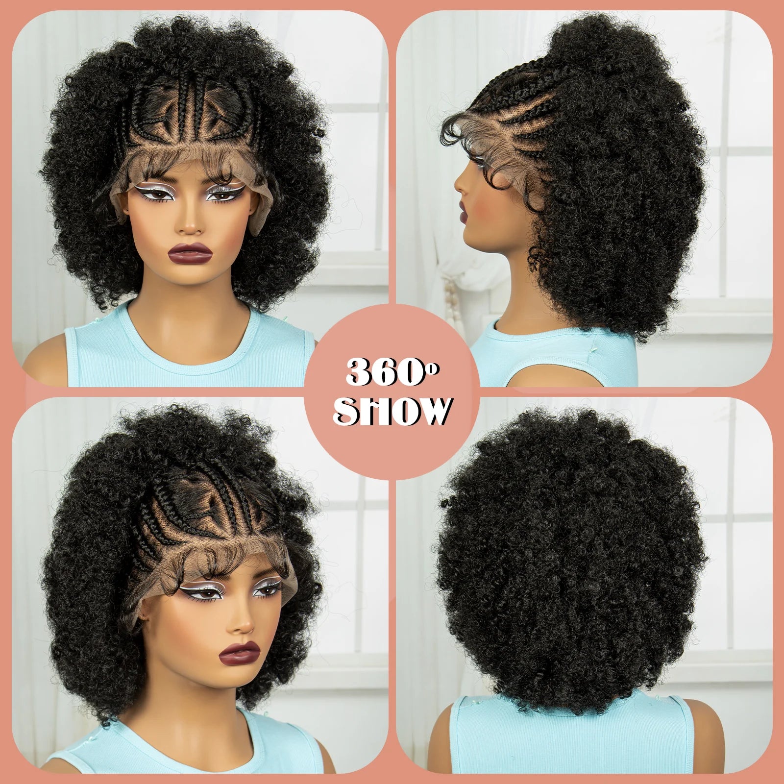 Short Natural Afro Kinky Curly Cornrow Braids Wig | Full Lace | Baby Hair Luxegan
