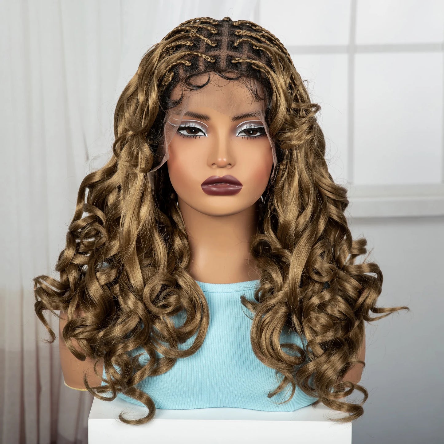 18" #27 Ombre Bouncy Wavy Braided Wig with Bangs | Knotless Box Braids | Full Lace Synthetic Wig with Baby Hair Luxegan