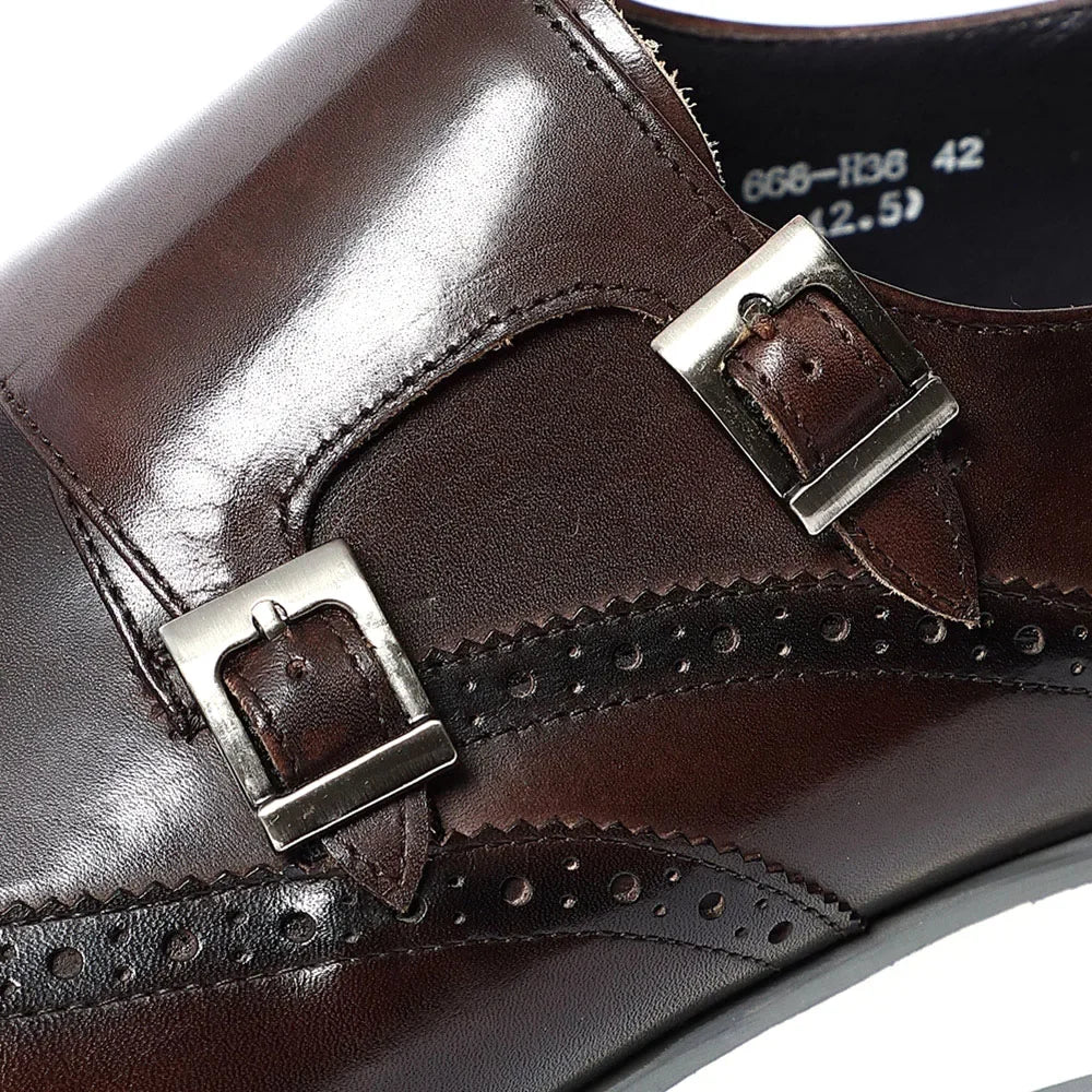 Luxury Men's Double Buckle Monk Strap Flats | Genuine Leather Casual Walk Shoes (Dark Brown, Black) Luxegan
