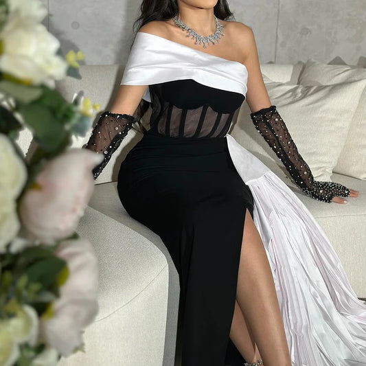 Crystal Pleat Backless A-Line Prom Gown | Off-Shoulder Full Sleeve Floor-Length Evening Dress Luxegan