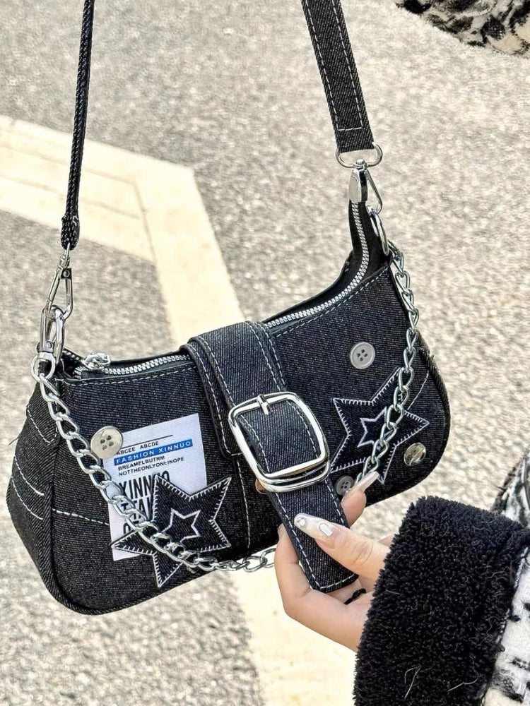 Y2k Fashion Women's Handbags Stars Pattern Cool Girl Underarm Bag | Vintage Canvas Female Shoulder Bag Chain Crossbody Tote Purses Luxegan