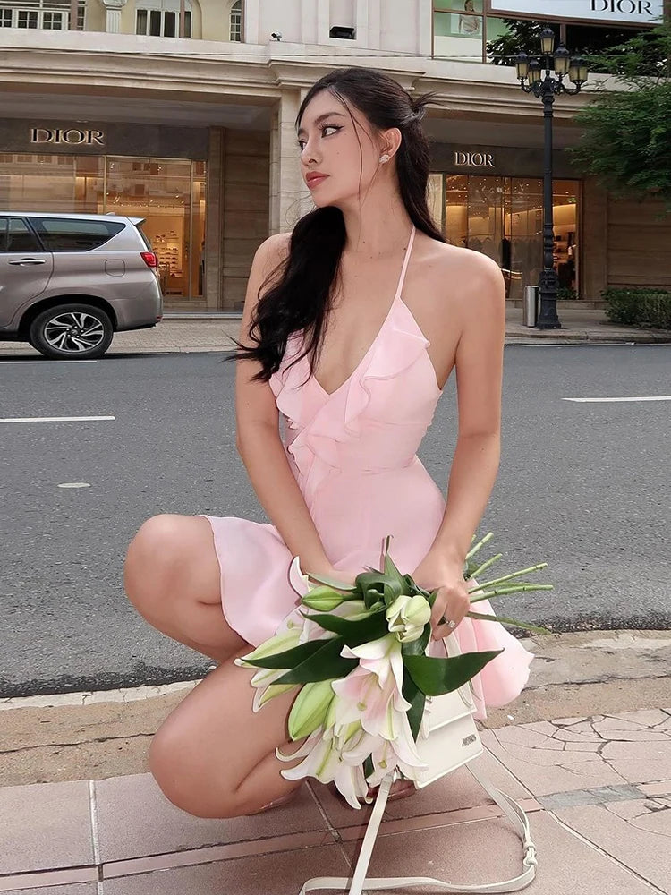Women's Ruffles V-Neck Mini Dress | Elegant Backless Birthday Party Gown | Sexy Neck-Mounted Halter Summer Clubwear | Premium Tatting High Stretch Slim Fit Fit and Flare Vestido Model K24D52995 Luxegan