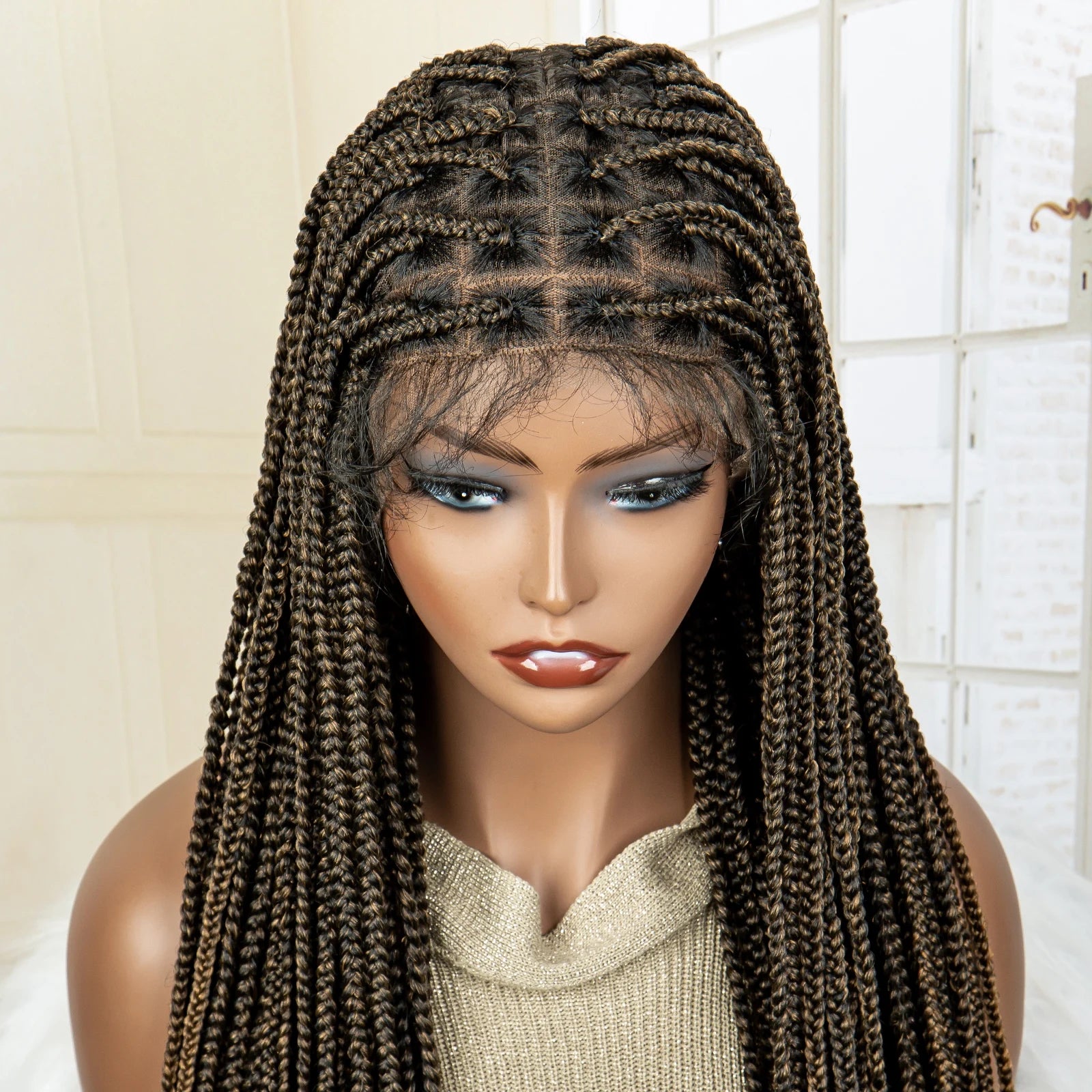 36" Long Knotless Braided Wig - Full Lace, Cornrow Accents, Baby Hair - For Black Women