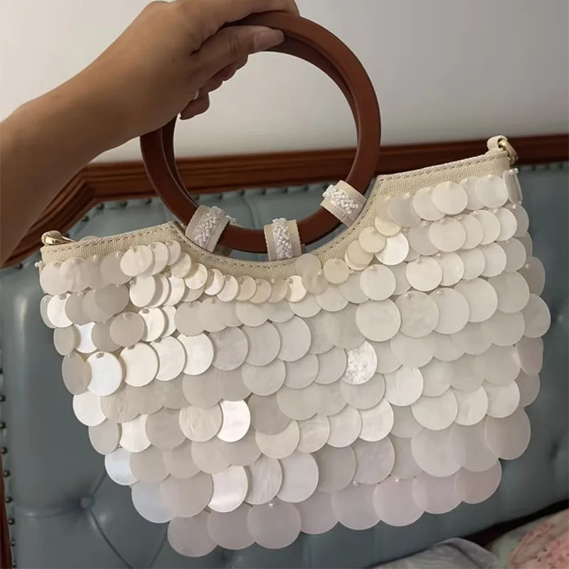 Fashion High-End Shell Bag | Niche Design Pearl Inlay Half-Moon Bag & Handmade Shell Beaded Handbag (New Versatile Crossbody) Luxegan