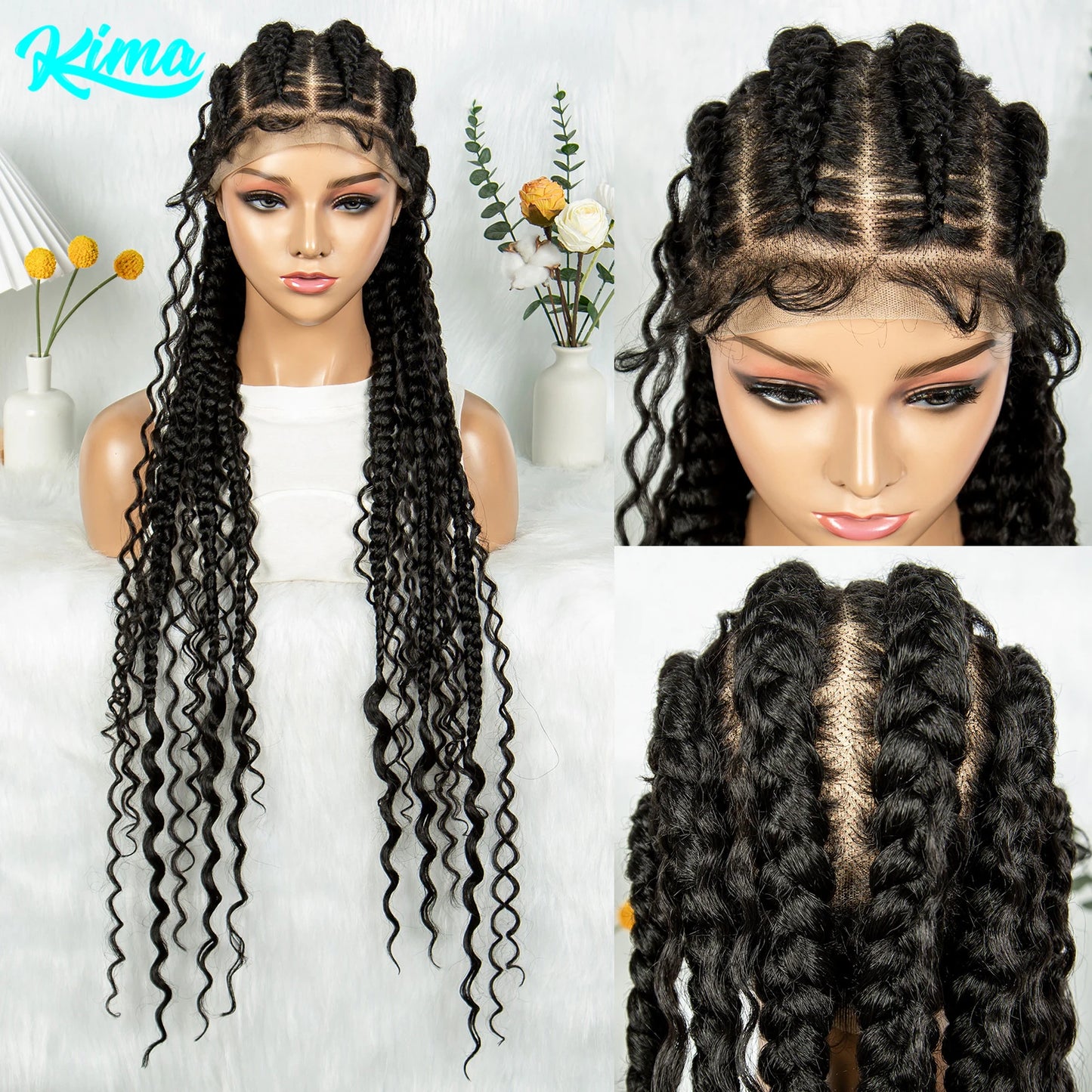 Cornrow Braided Wigs Synthetic Transparent Full Lace Wig With Baby Hair Braiding Wig Boho Cornrow Wig Curly End For Black Women