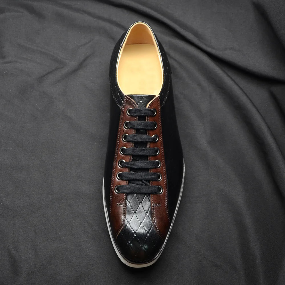 Europe 2024 Fall Luxury Men's Genuine Leather Plaid Casual Shoes | Black & Dark Brown Business Sneakers (Height Increasing) Luxegan