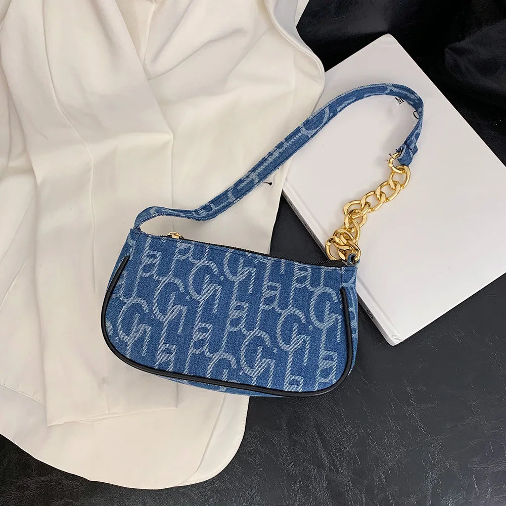 Letter Print Baguette Bag | Soft Chain Small Purse Underarm Bag Luxegan