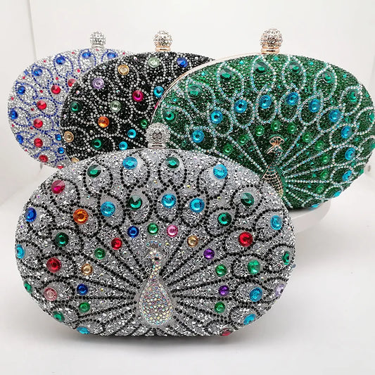 New Peacock Pattern Diamond Evening Bag | Luxury Rhinestone Evening Clutch & Purse | Sparkling Sequined Shell Handbag | Elegant Party Shoulder Bag for Women Luxegan