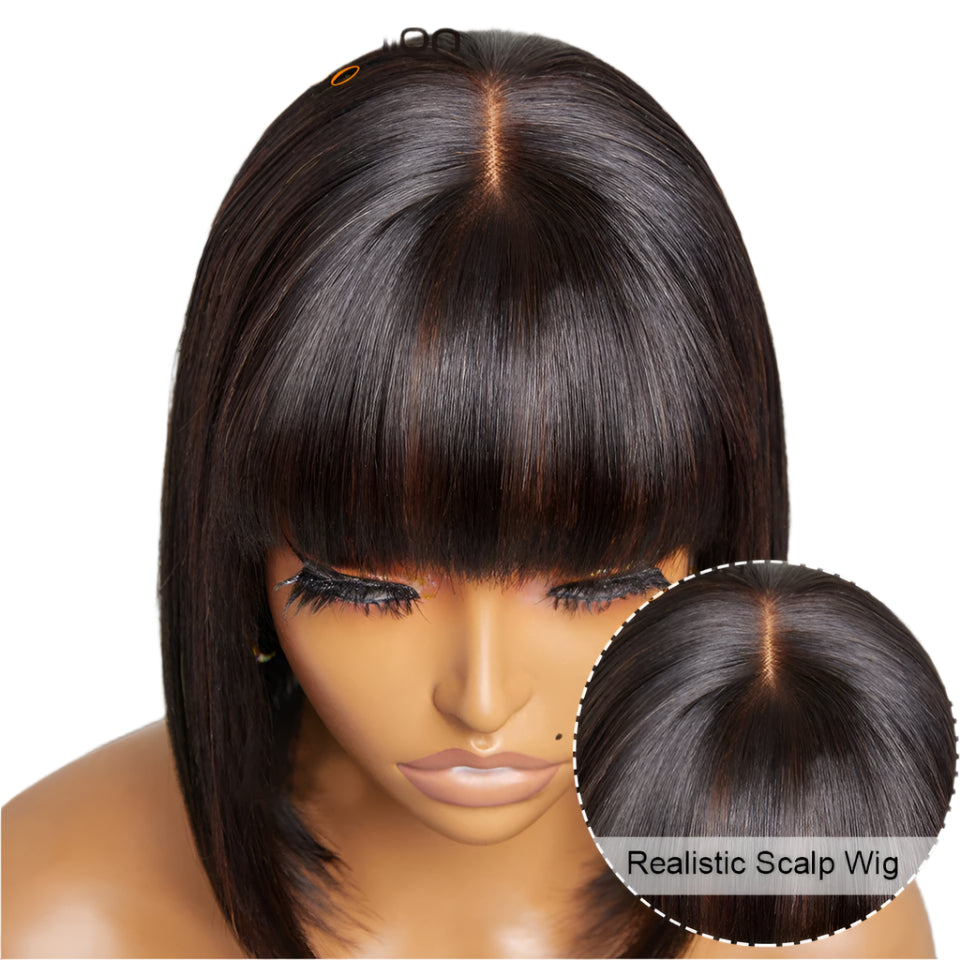 #27 Brown Straight Bob Wig with Bangs | Human Hair Lace Top & Realistic Scalp Luxegan
