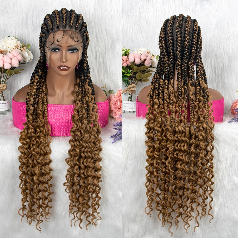 36" Cornrow Braids Wig with Curly Ends | Transparent Full Lace | Baby Hair Luxegan