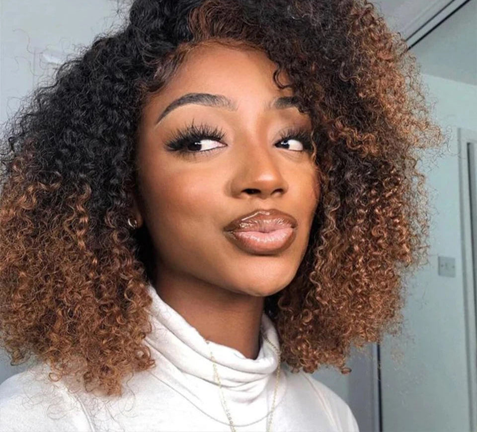 Ombre T1B/30 Afro Kinky Curly Lace Front Bob Wig | Pre-Plucked Transparent Lace Brazilian Deep Curly Human Hair Luxegan