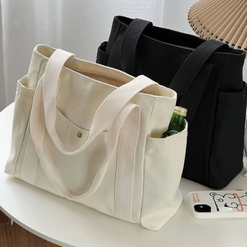 Soft Canvas Preppy Style Large Capacity Tote | Unisex Zippered Commuter Satchel Luxegan