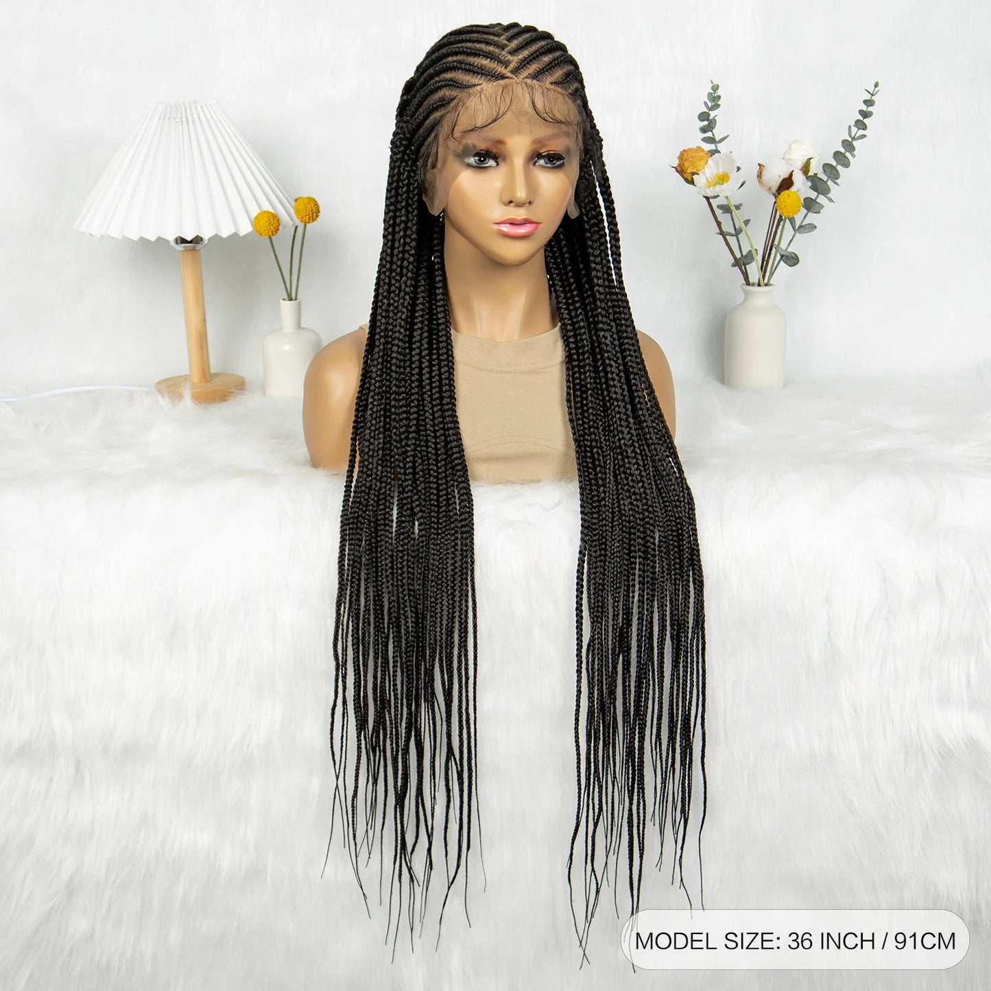 36" Cornrow Braided Full Lace Wig | Knotless Box Braids | Baby Hair | Synthetic Braiding Wig for Black Women