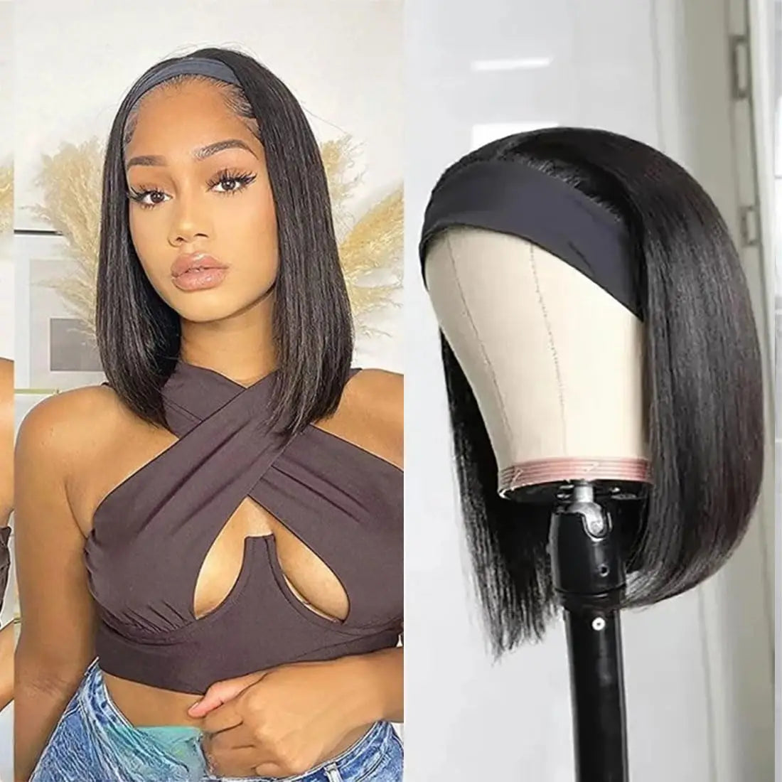 Straight Bob Headband Wig | 100% Brazilian Remy Human Hair Short Machine Made Bob Wigs for Women (All Colors) Luxegan