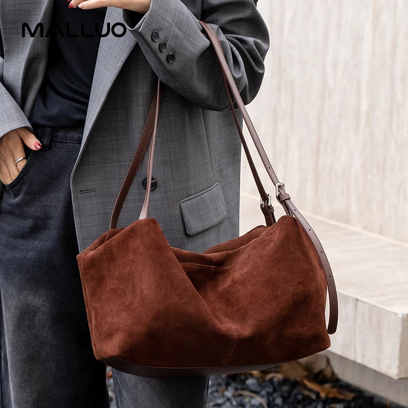Women’s Suede Genuine Leather Shoulder Bag | Frosted Cowhide Crossbody Handbag | Luxury "Lazy Style" Designer Commuter Tote (Model 6131) Luxegan