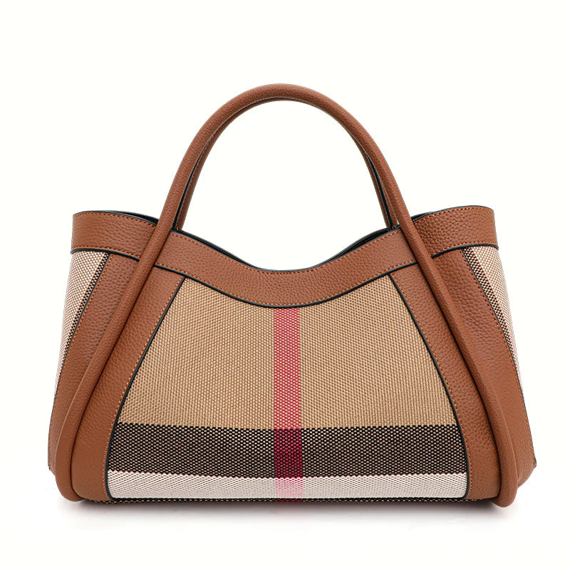 Retro Checkered Luxury Handbag | Large Capacity Canvas & Cowhide Patchwork Tote | Fashion Plaid Shoulder Bag with Secure Hasp Closure Luxegan