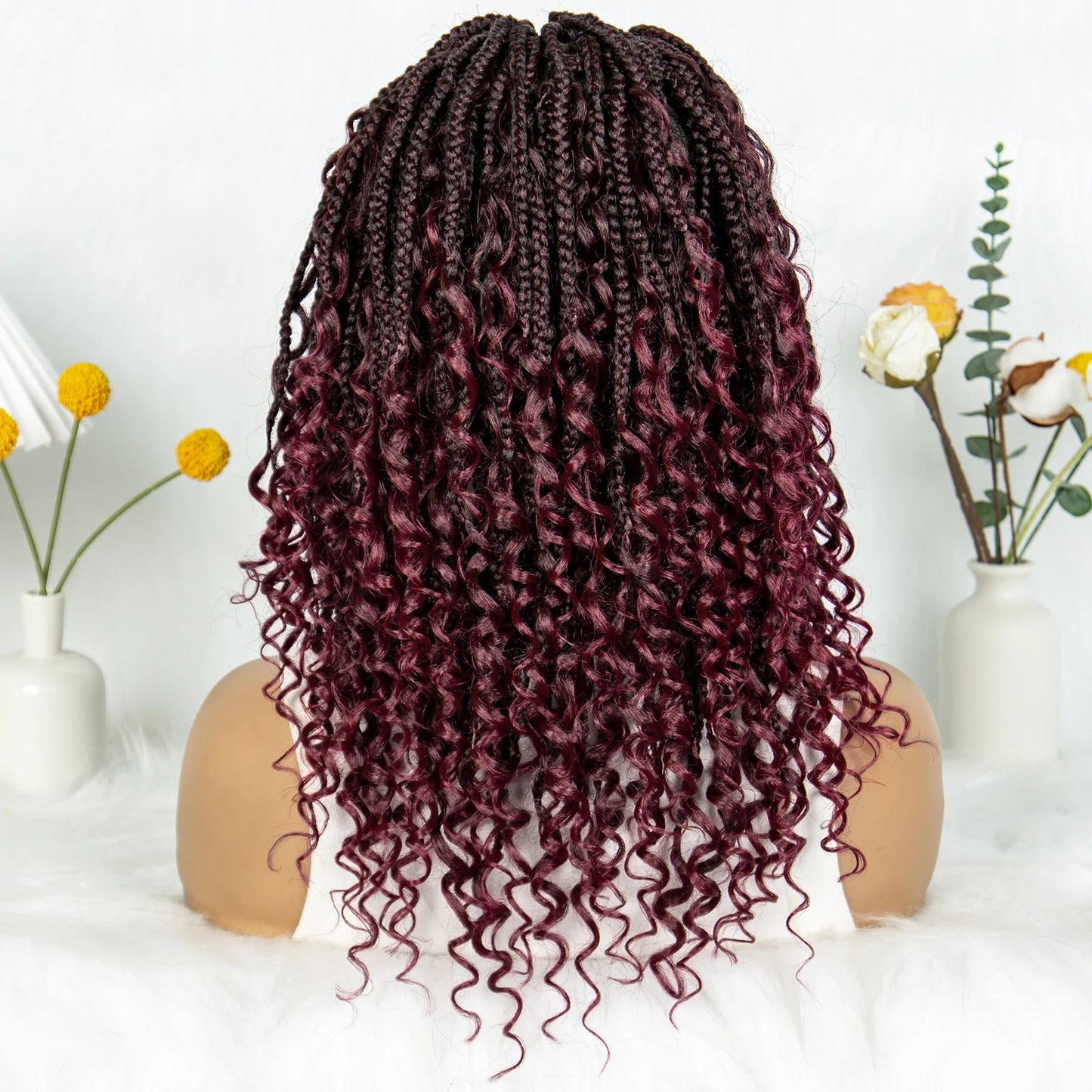 Short Bohemian Box Braids Wig | Full Lace | Curly Ends | Baby Hair | Synthetic Boho Wig Luxegan