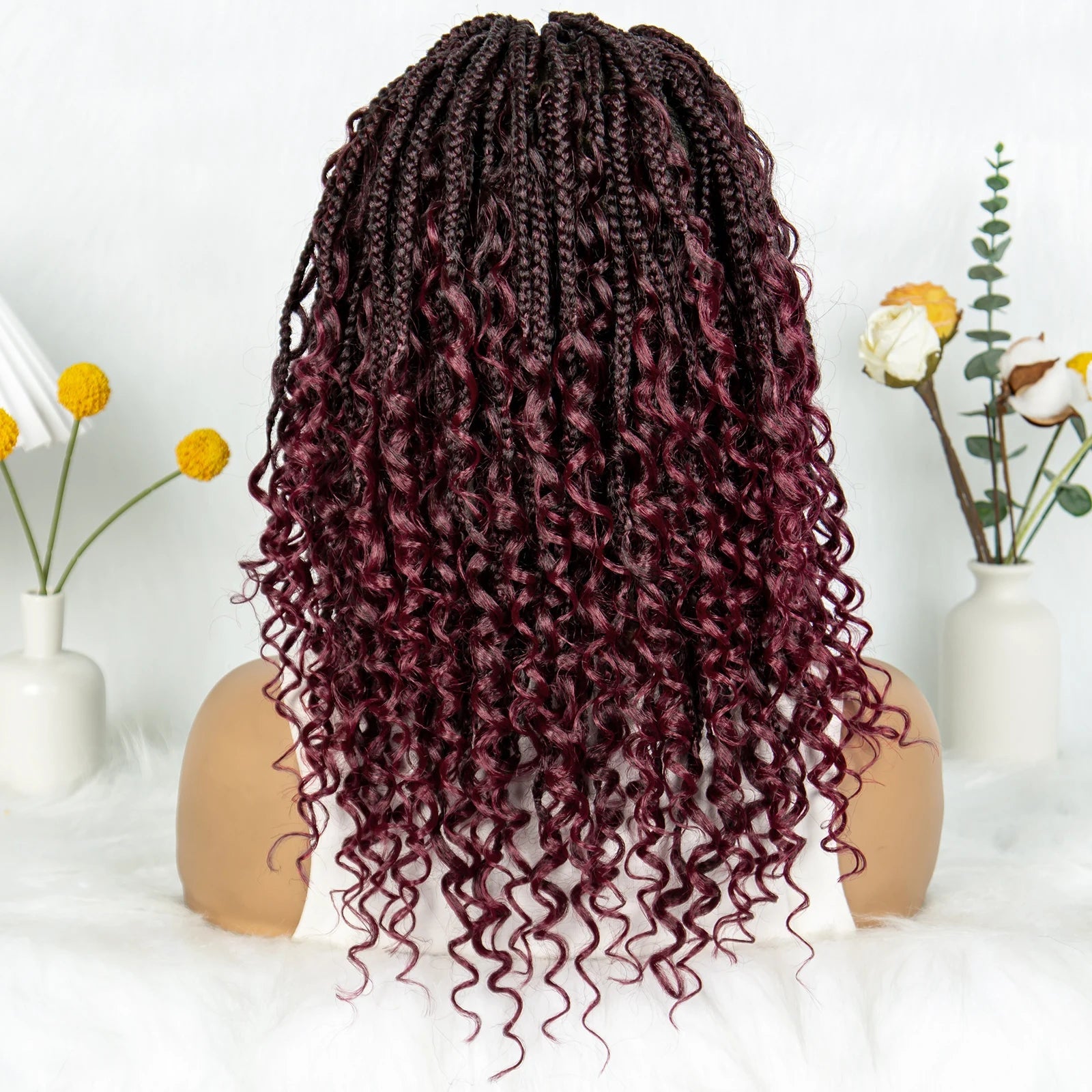 Short Bohemian Box Braids Wig | Full Lace | Curly Ends | Baby Hair | Synthetic Boho Wig Luxegan