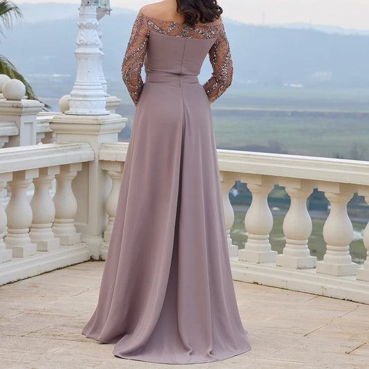 Sequined Pleat A-Line Prom Gown | Off-Shoulder Full Sleeve Floor-Length Evening Dress Luxegan
