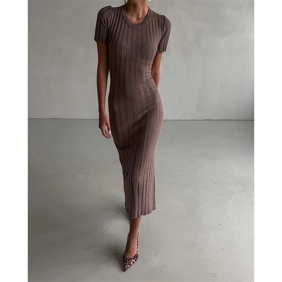 Summer Knitted Tight Maxi Dress | Sophisticated Medium Round Neck Silhouette | Elegant "High Waist" Commuter Long Skirt | "Dignified" Pure Color Knitwear for Radiant Versatile Styling Luxegan