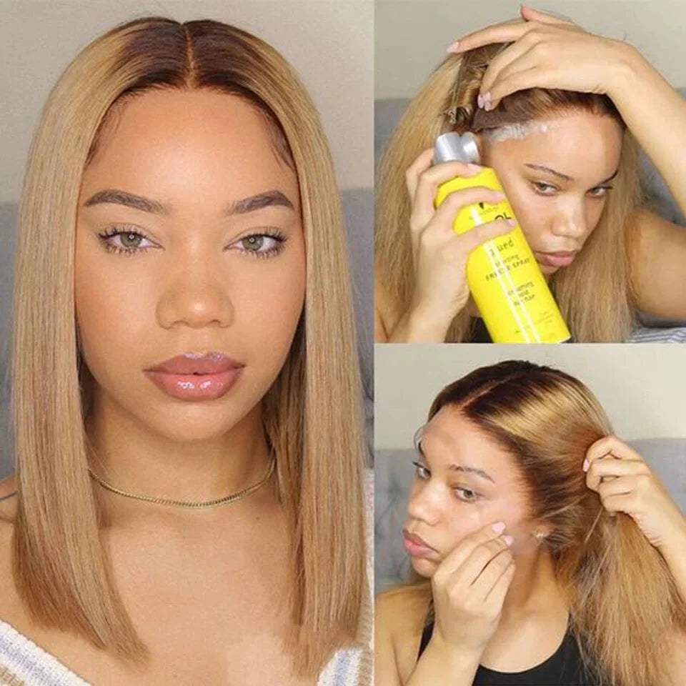 Highlight Blonde Straight Bob Wig | Transparent T-Part Lace Front Human Hair (Pre-Plucked & Bleached Knots) Luxegan
