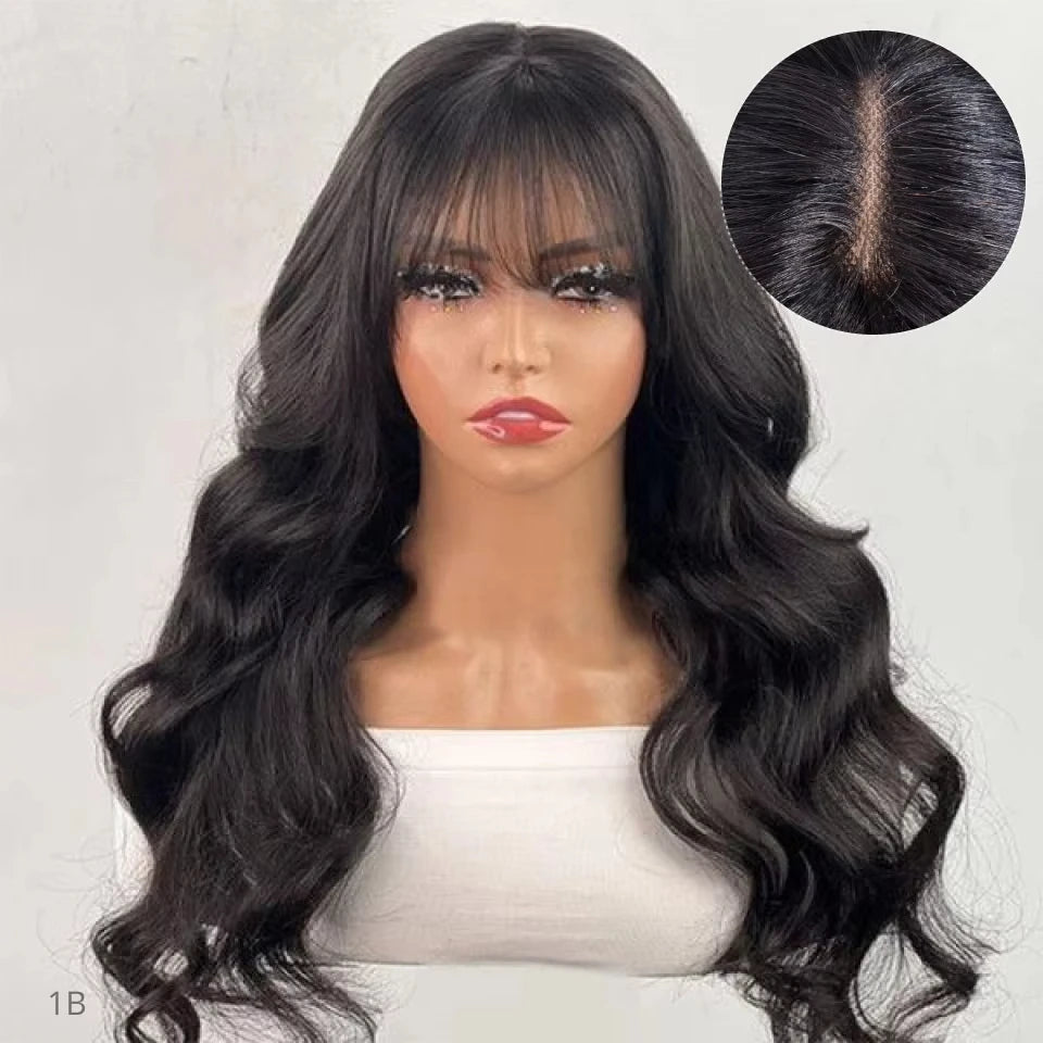 Natural Color 22" Body Wave Wig with Bangs | 180% Density Remy Human Hair Middle Part Lace Luxegan