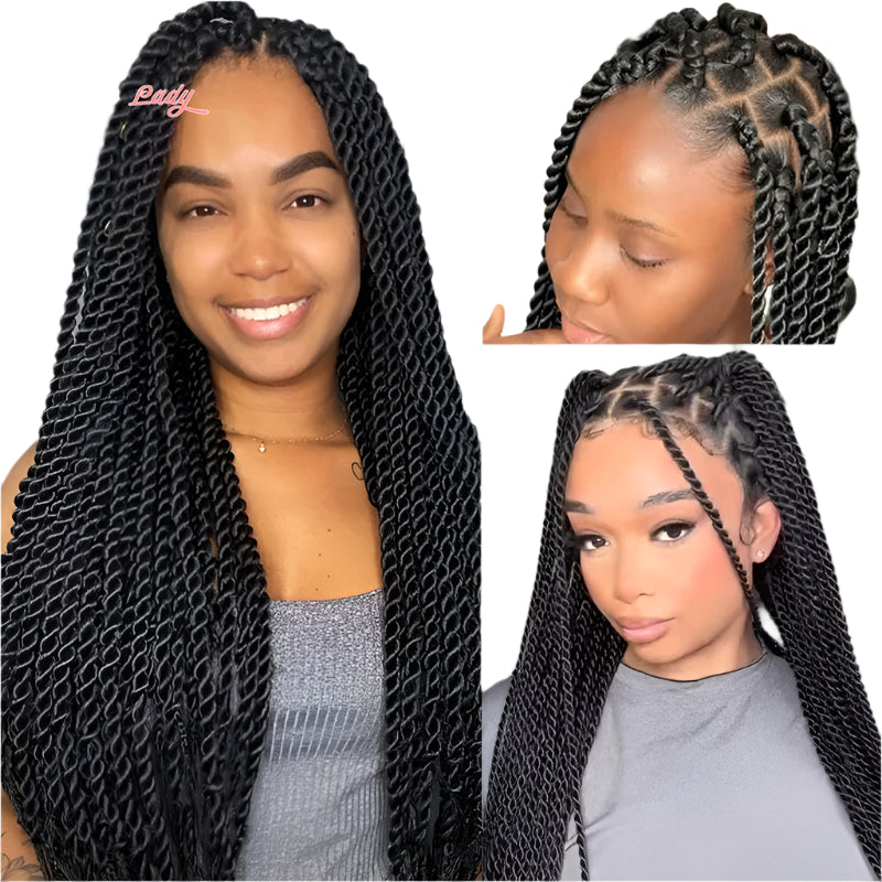36" Senegalese Twist & Knotless Box Braids Full Lace Braided Wig - #27 Blonde, Cornrow Accents