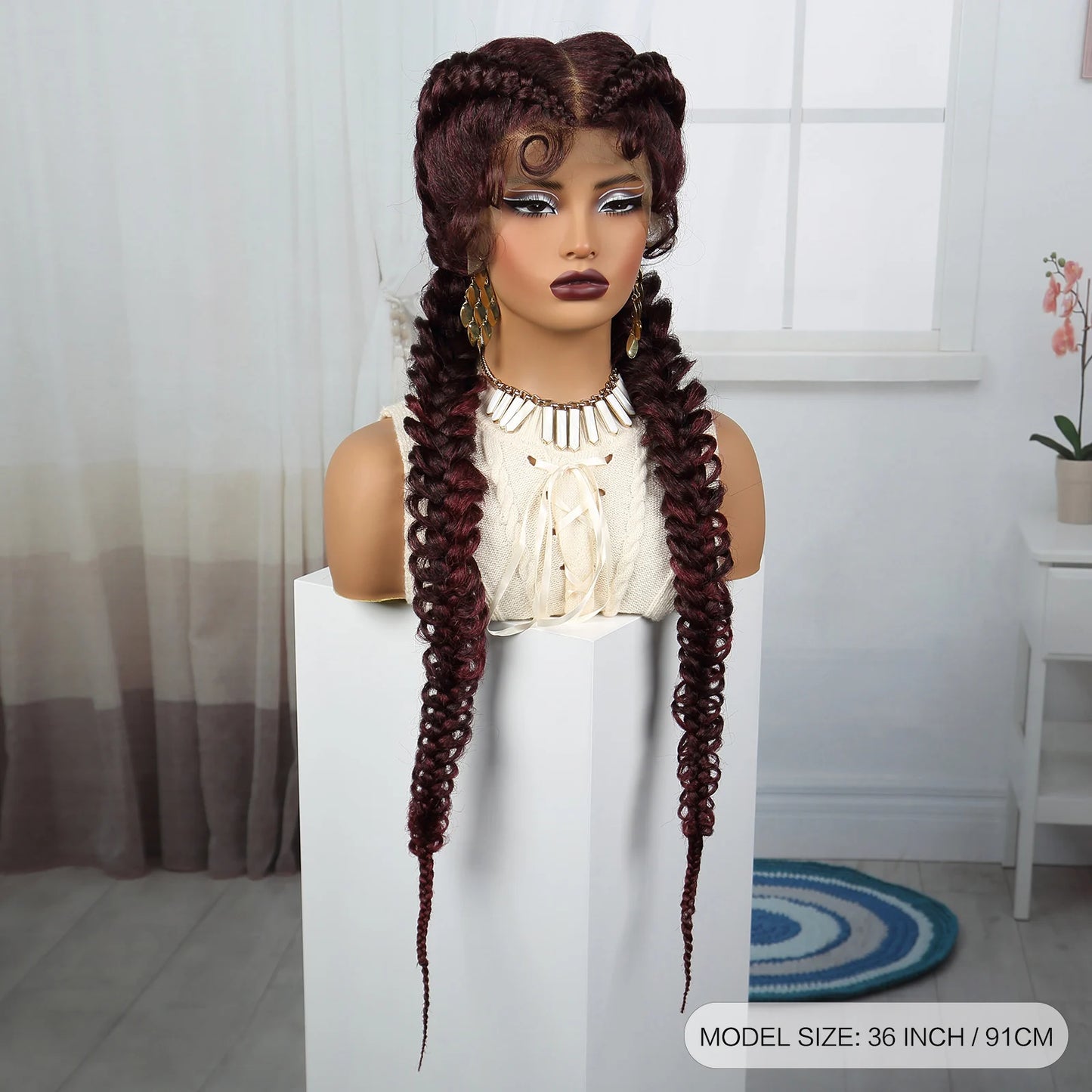 36" Burgundy Twist Cornrow Braids Wig | 99J | Lace Frontal | Baby Hair Luxegan