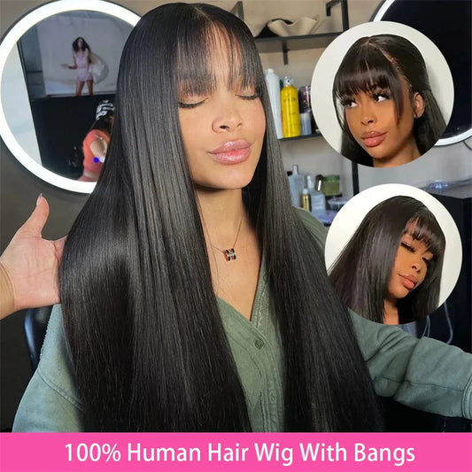 Silky Straight Human Hair Wig with Bangs - Full Machine-Made Glueless Medium-Length Wig - 100% Brazilian Remy Human Hair Natural Black Fringe Wig for Women (18-24 Inch Clearance Sale) Luxegan