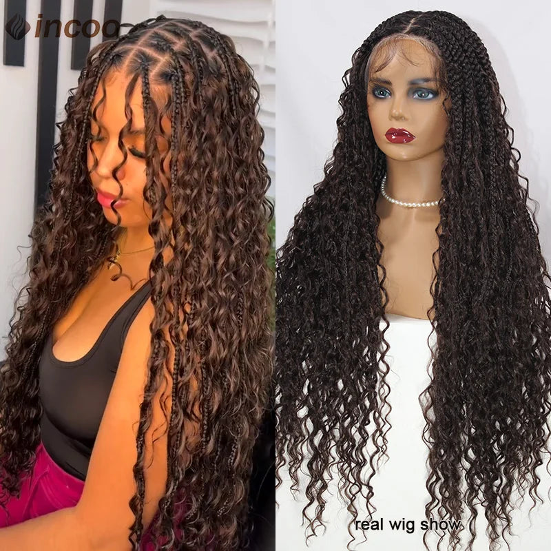 Long 32 Boho Braided Full Lace Front Wigs Synthetic Blonde Curly Goddess Locs Cornrows Wigs Pre Plucked Baby Hair Box Braids Wig Luxegan