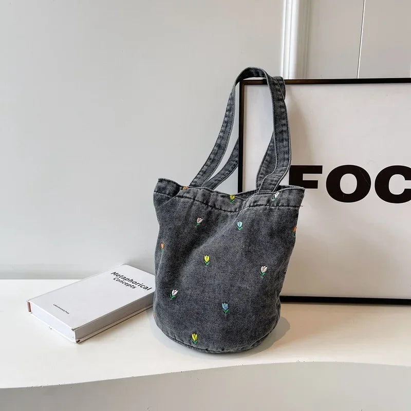 Designer Denim Bucket Bag | Vintage Floral Canvas Shoulder Bag & Crossbody | Casual Unisex Tote with Linen Lining and Hasp Closure Luxegan