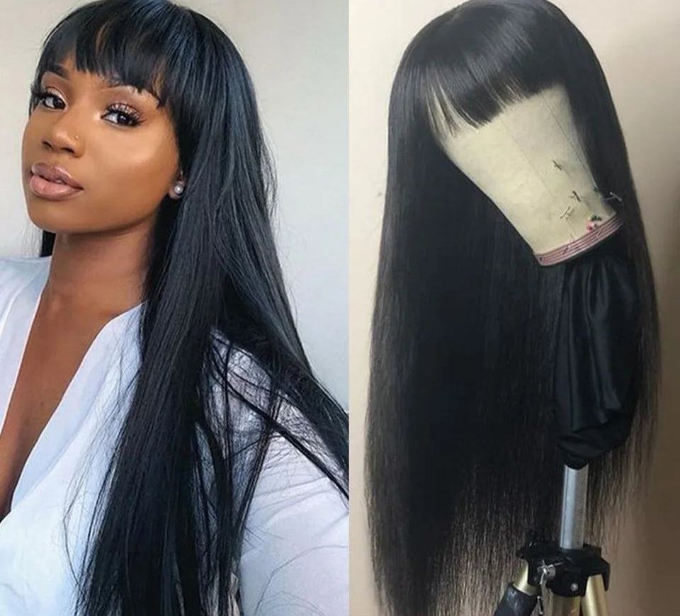 180% Density Ginger Straight Human Hair Wig with Bangs | Full Machine Made Brazilian Hair for Cosplay & Daily Wear Luxegan