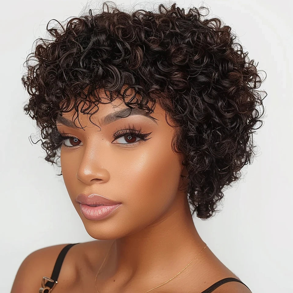 Brazilian Short Pixie Bob Afro Kinky Curly Wig with Bangs | Full Machine Made Human Hair (Natural Brown & 99J) Luxegan