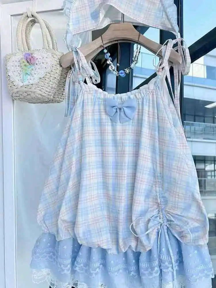 Minivestido Lolita lindo Y2k para mujer | Vestido de verano con estampado floral y cordones estilo Spicy Girls | Vestido elegante con cuello cuadrado y volantes de corte ajustado | Vestido Tatting Premium de corte regular con línea A modelo QZ6007
