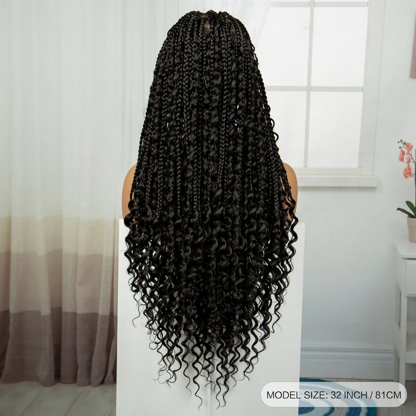 32 Inch Natural Curly Boho Box Braids Wig - Knotless - Full Lace - Synthetic - with Baby Hair Luxegan