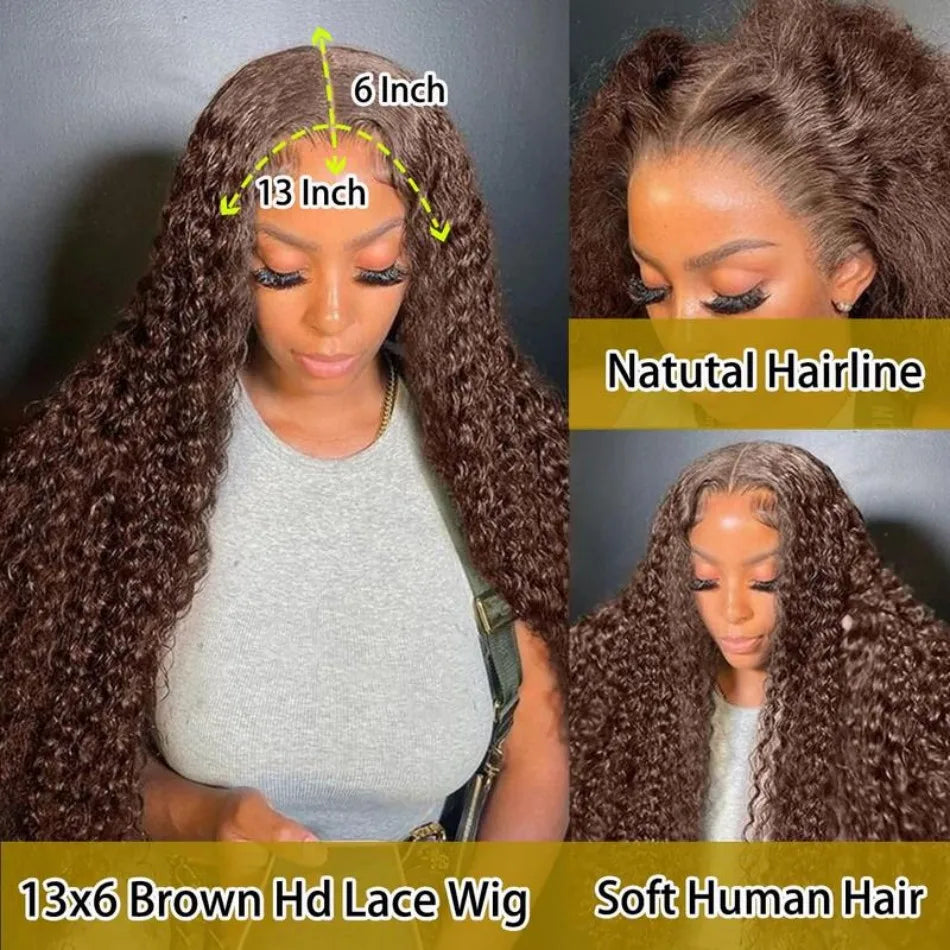 Chocolate Brown Deep Wave HD Lace Wig | Sophisticated 250 Density 13x6 & 13x4 Frontal | Elegant "100% Brazilian Remy" Silhouette | "Dignified" Pre-Plucked Curly Human Hair for Radiant Versatile Styling Luxegan