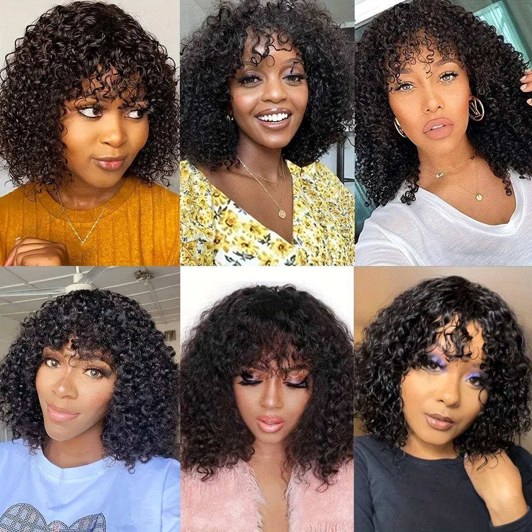 Jerry Curly Short Bob Human Hair Wig with Bangs | Glueless Highlight Honey Water Wave Blonde Wig for Women (Ready-to-Go) Luxegan