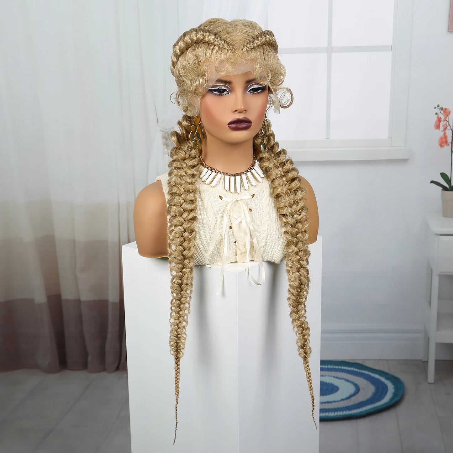 36" Burgundy Twist Cornrow Braids Wig | 99J | Lace Frontal | Baby Hair Luxegan