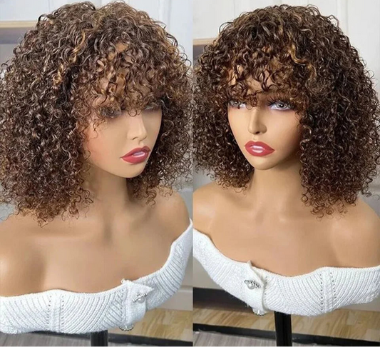 Highlight Honey Blonde Jerry Curly Pixie Bob Wig with Bangs | Full Machine Made Human Hair Luxegan