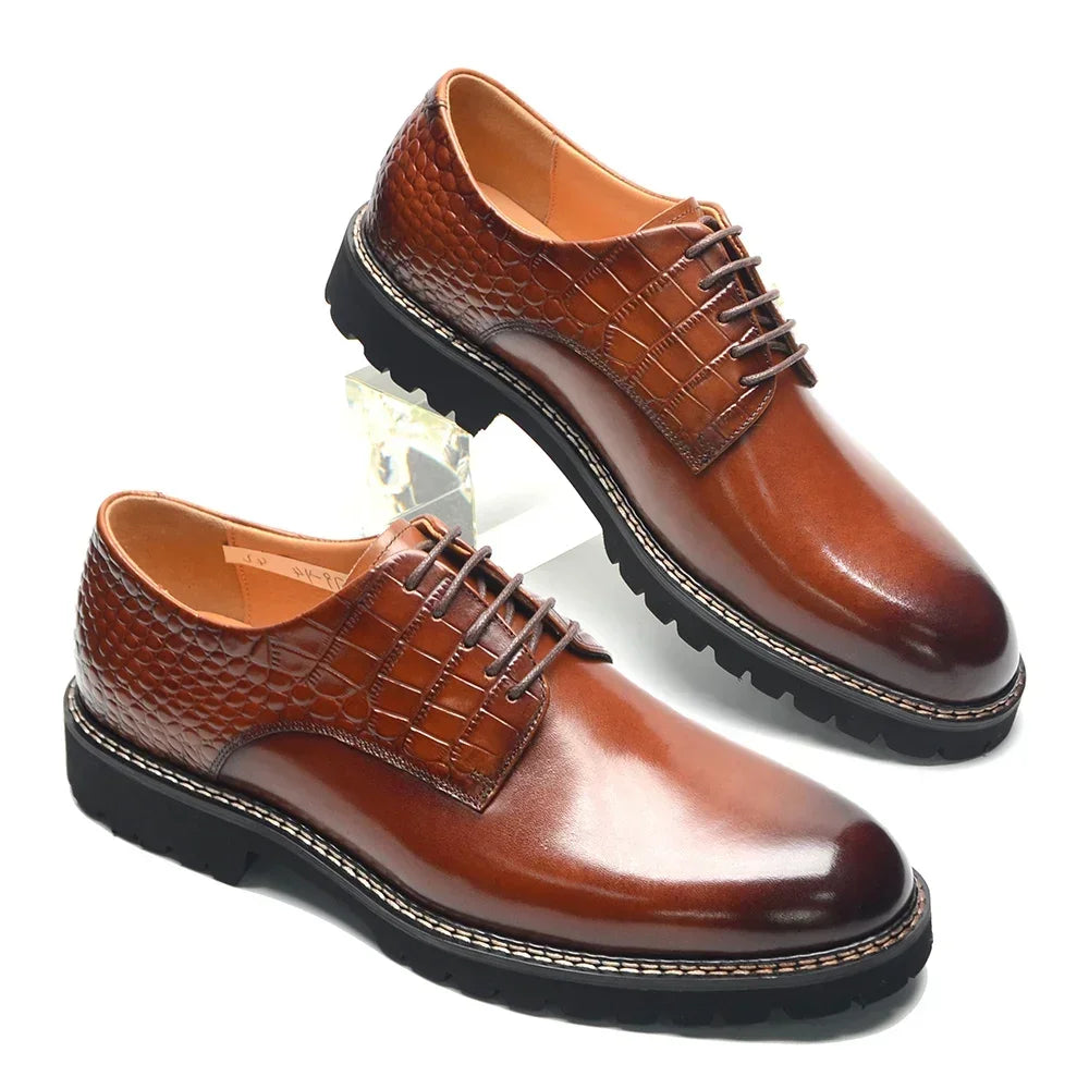 Designer Men's Genuine Leather Casual Derby Shoes | Crocodile Print Business & Social Sneakers (Height Increasing) Luxegan