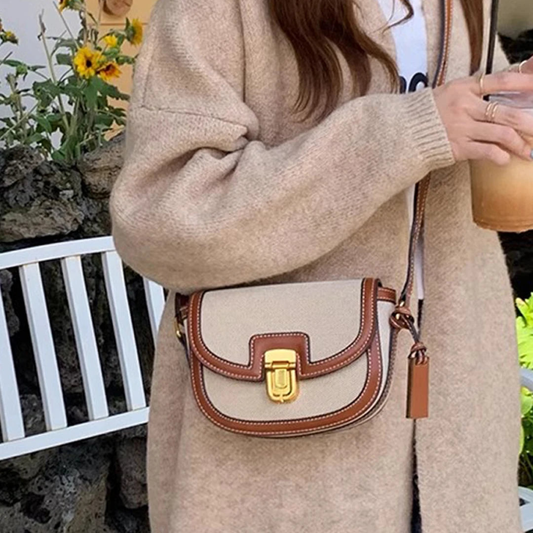 Retro Canvas Patchwork Crossbody Bag | Contrasting Color Saddle Bag