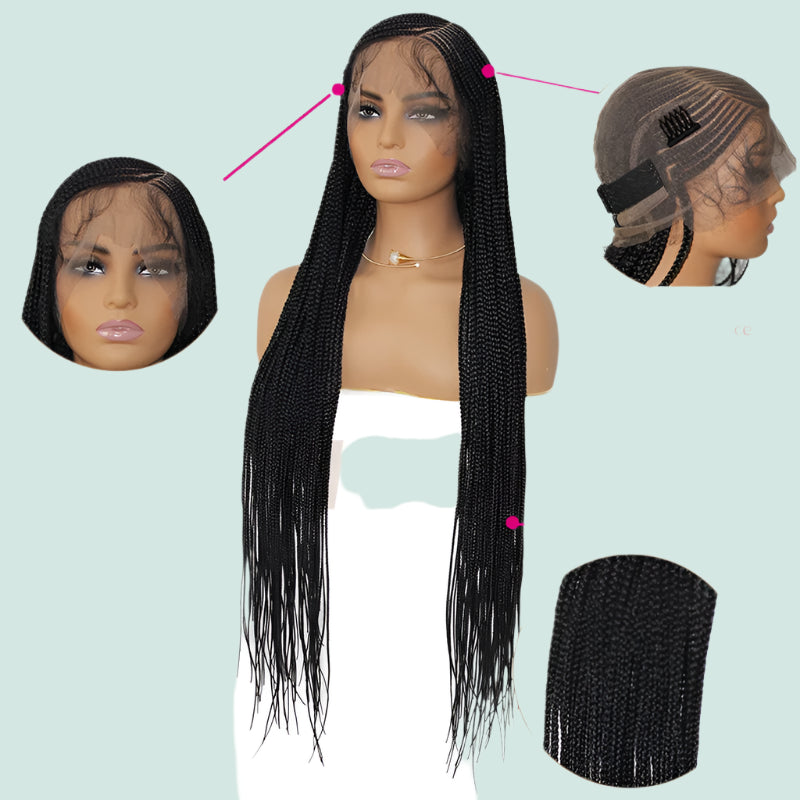 36" Long Side Part Braided Wig | Faux Locs, Box Braids & Cornrows | Full Lace Front | Synthetic Hair | Black Women