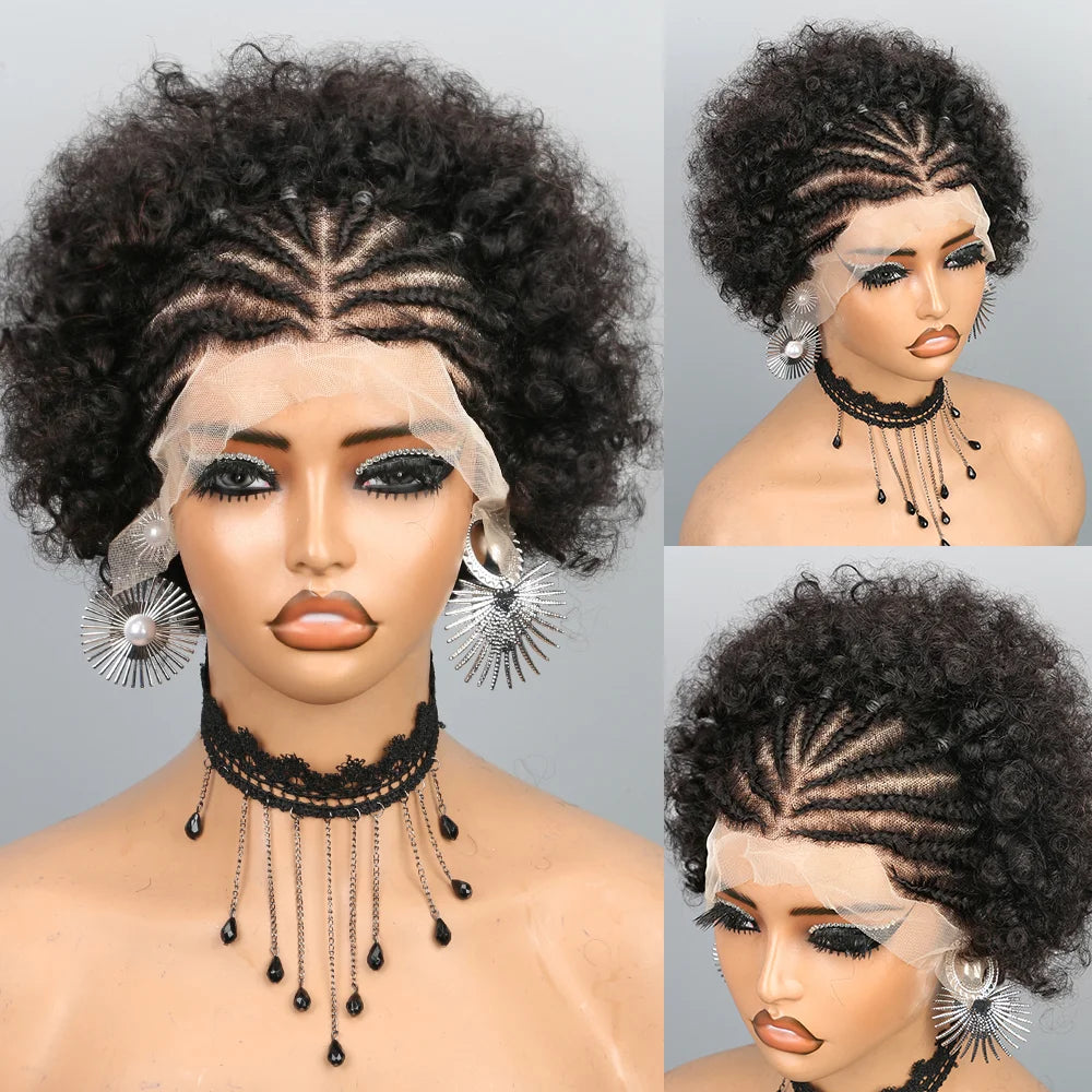 Short Afro Puff Braided Wig | 13x4 Lace Front Human Hair | Pre-Braided Cornrow Wig Luxegan