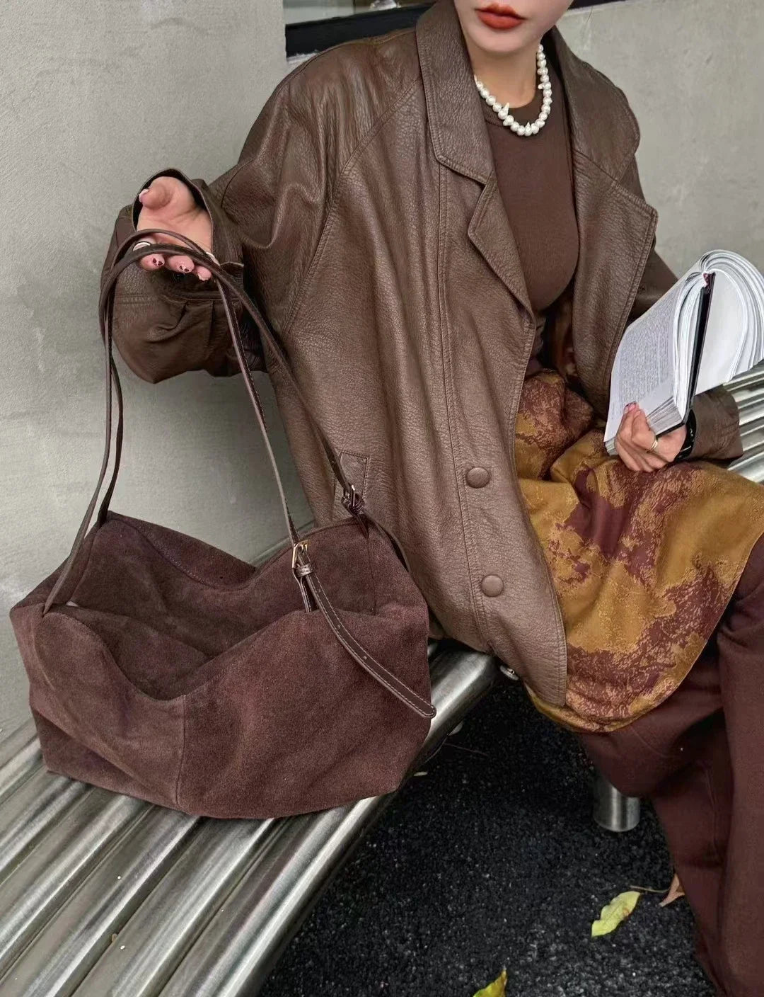 European and American Style 100% Natural Suede Cow Leather Tote | Huge Luxury and Lazy Commuting Nubuck Winter Handbag (Camel) Luxegan