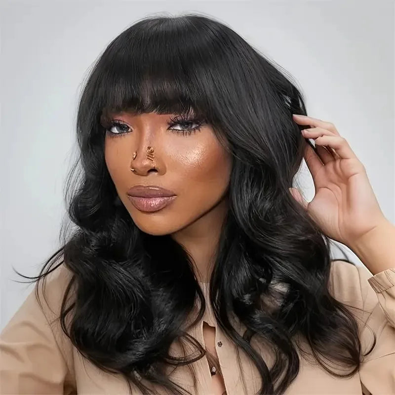 Glueless Body Wave Bob Wig with Bangs | Ready-to-Go Full Machine Made Brazilian Remy Human Hair Wigs for Women Luxegan