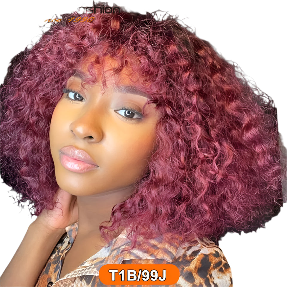Highlight Honey Blonde Jerry Curly Pixie Bob Wig with Bangs | Full Machine Made Human Hair Luxegan