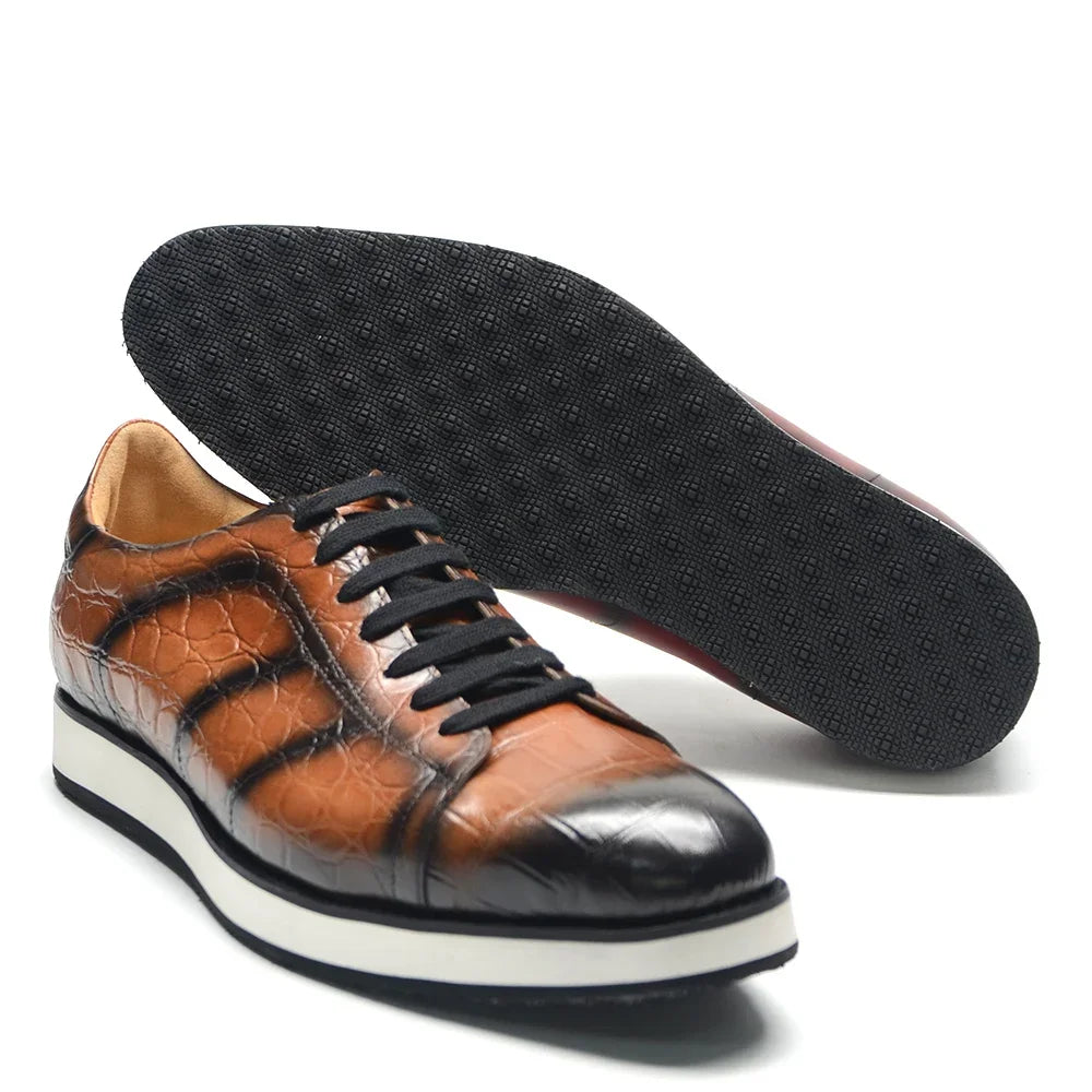 Men's Fashion Casual Sneakers | Genuine Cowhide Leather Crocodile Pattern Skateboard Shoes (Lace-up, Non-slip) Luxegan